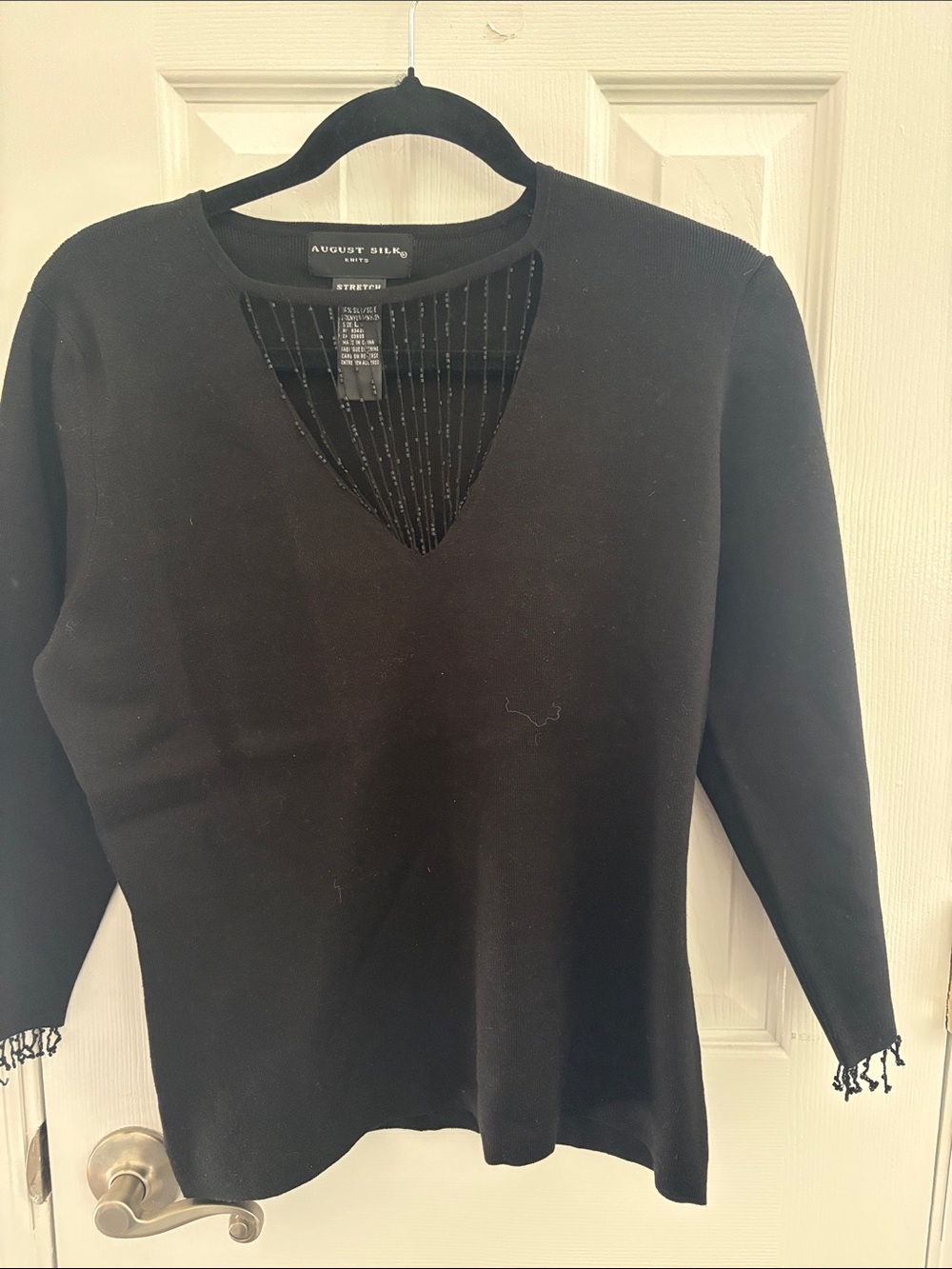 august silk Black V-Neck Sweater with Beaded Inset